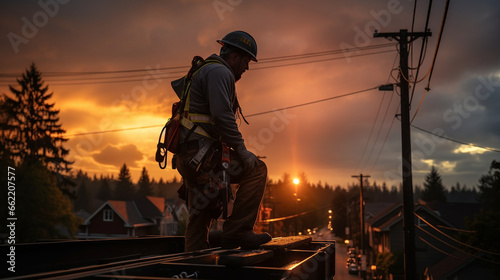 High Voltage: An electrical worker maintaining power lines atop tall utility poles against a dramatic sky.