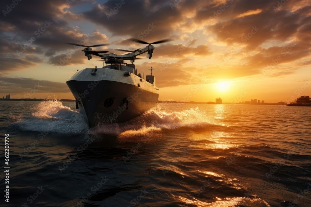 Water drone near a large military ship Water drone near a large military ship