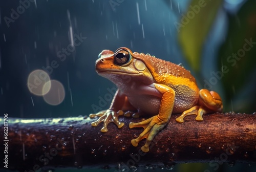 javanese tree frog sitting on a branch with beautiful blurred background and raindrops. generative ai