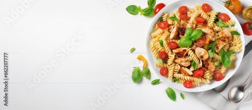 Italian pasta dish with chicken veggies top view With copyspace for text