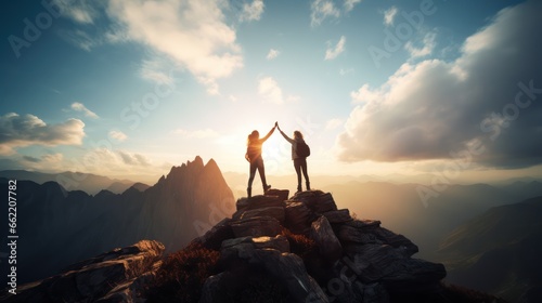 Silhouette of two women cheering together on the top of mountain with a morning sky and sunrise and enjoys the moment of success.