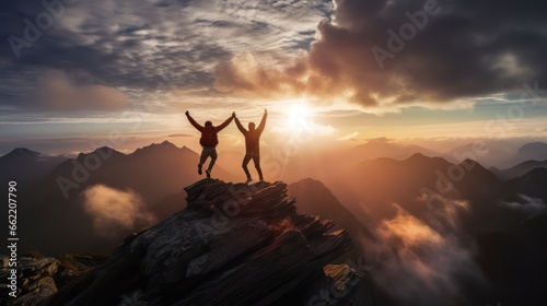 Silhouette of two men jumping and cheering together on the top of mountain with a morning sky and sunrise and enjoys the moment of success.