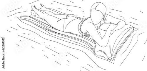 Swimming Pool Fun - One-Line Sketch Cartoon Illustration of Happy Young Woman, Woman Floating on Air Mattress - Summertime Flat Cartoon Illustration in Vector