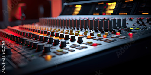 A sound mixing console, close-up front view