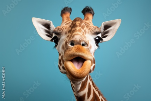 Happy surprised giraffe with open mouth.
