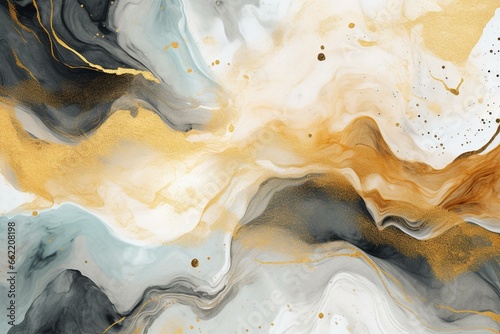 Artistic depiction of watercolor and gold background with brushstroke elements on a marbled surface. Generative AI
