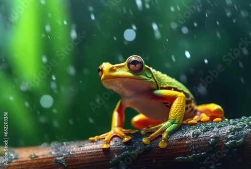 javanese tree frog sitting on a branch with beautiful blurred background and raindrops. generative ai