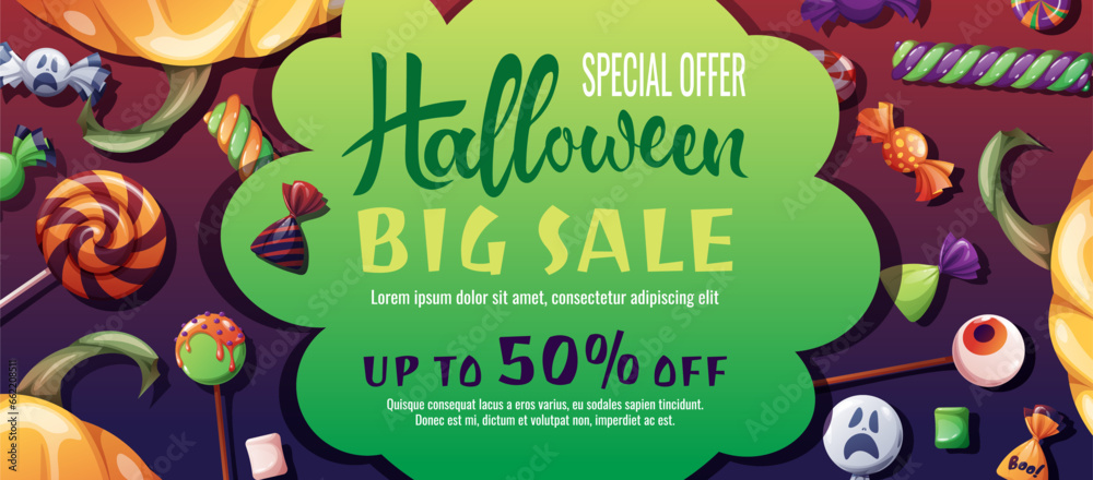 Discount banner design with sweets and cookies. Halloween sale, discount voucher. Template for banner, poster, flyer, advertisement.