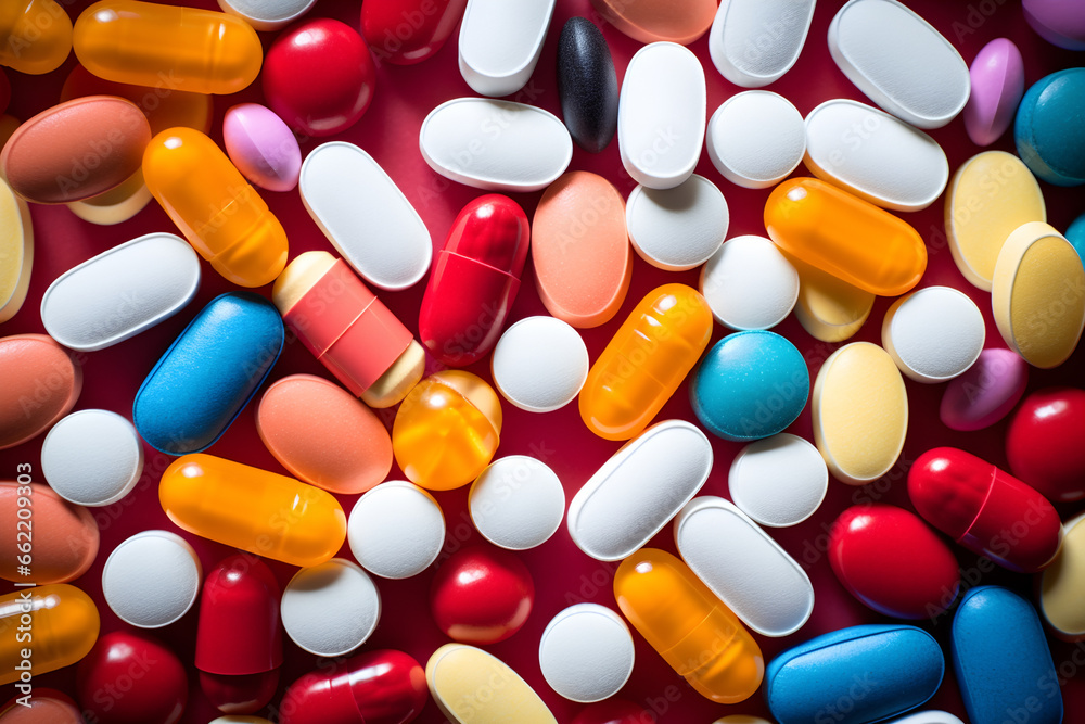 Background with many different medications of different colors and shapes including capsules and tablets