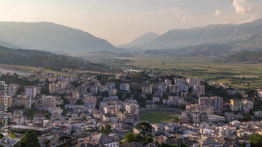 Gjirokastra city from the viewpoint of the fortress of the Ottoman castle of Gjirokaster sunset timelapse.