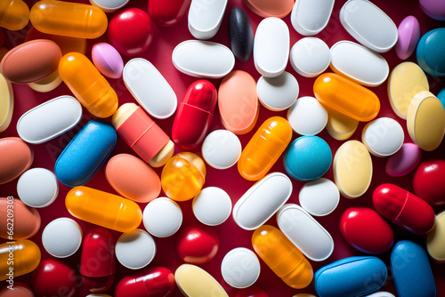 Background with many different medications of different colors and shapes including capsules and tablets