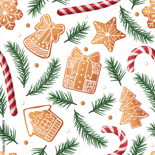 Seamless pattern with gingerbread, candy cane and fir branches. Suitable for fabric, wrapping paper, wallpaper, background, textile, etc.