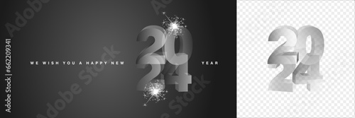 We wish you a Happy New Year 2024 with sparkle firework. Modern 3D light silver grey transparent glass numbers shape of 2024 on black background