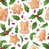 Seamless pattern with holly, berries and gingerbread cookies. Suitable for fabric, wrapping paper, wallpaper, background, textile, etc.