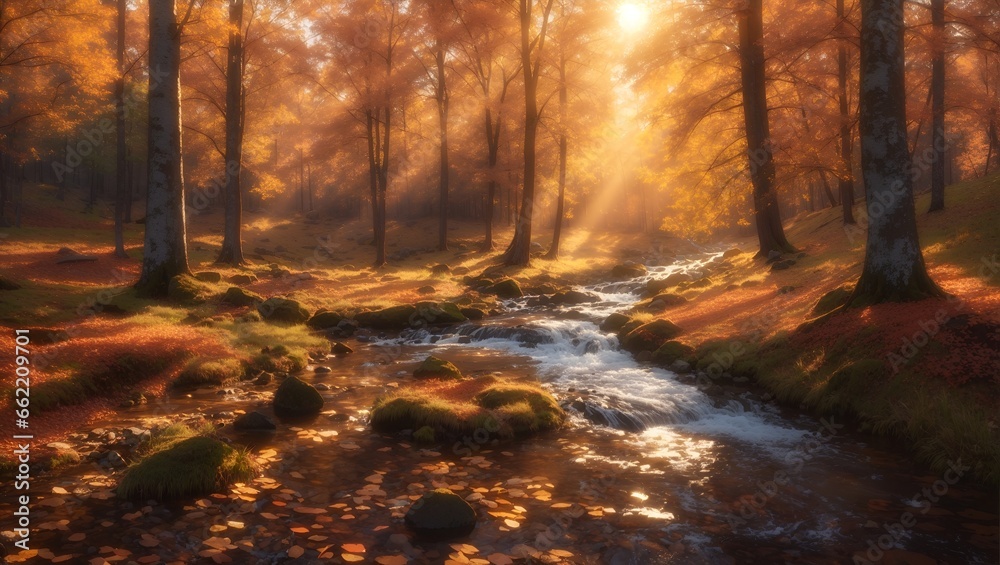 Fototapeta premium Autumnal Bliss: Serene Sunlit Stream amidst the Enchanting Forest