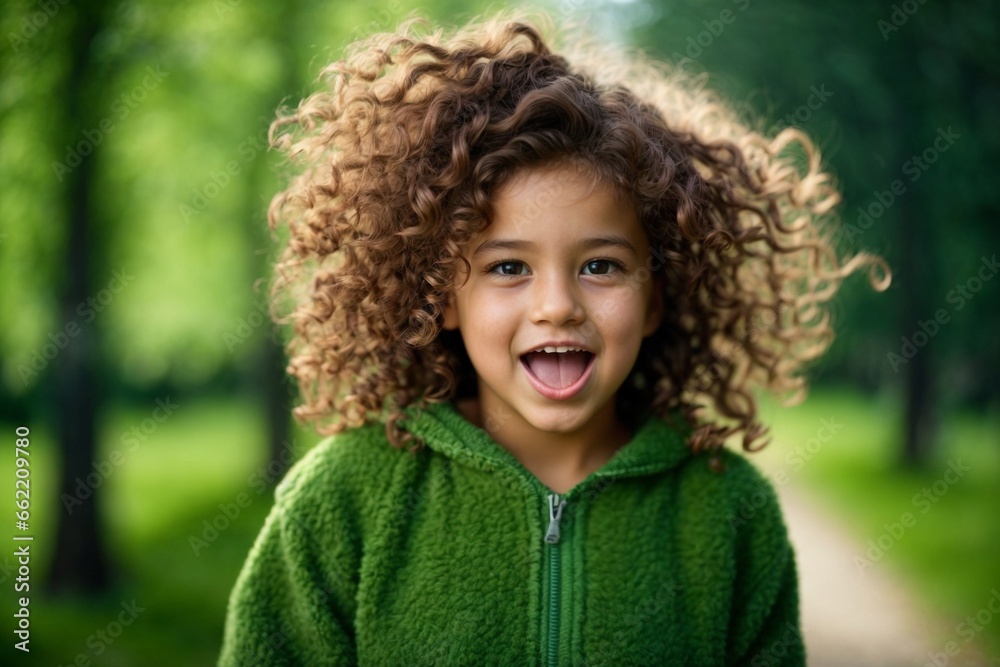 Curly Haired Little Girl's Open-Mouthed Portrait in a Green Park Curly Haired Little Girl's Open-Mouthed Portrait in a Green Park