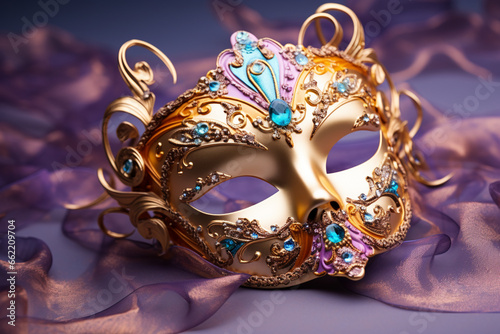 beautiful bedazzled carnival or masquerade ball gold and purple masks on a pastel purple background