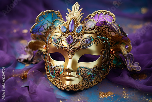 beautiful bedazzled carnival or masquerade ball gold and purple masks on a pastel purple background