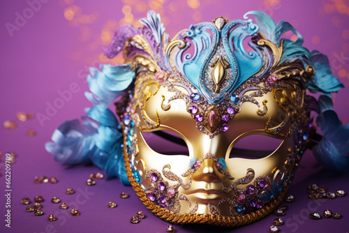 beautiful bedazzled carnival or masquerade ball gold and purple masks on a pastel purple background © World of AI