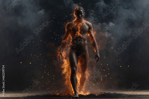Fiery Power  Silhouette of a Human Body Formed by Fire Particles  Symbolizing Strength and the Mighty Element