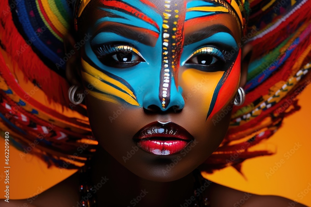 Beautiful glamour African woman with black skin body art.