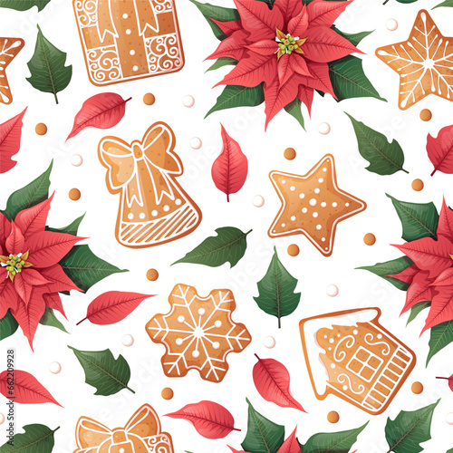Seamless pattern with poinsettia and gingerbread cookies. Suitable for fabric, wrapping paper, wallpaper, background, textile, etc.