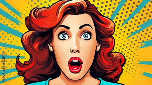 Vivid portrait of surprised woman in retro pop art style captures her astonishment with bold colors and dynamic shapes evoking spirit of 1960s, vintage advertising billboard of shocked female