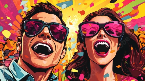 Lively vibrant portrait of laughing couple in sunglasses against multicolored background adorned with vivid confetti in retro pop art style  joyful celebration and moments of happiness of togetherness