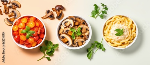 Italian pasta with creamy mushroom sauce viewed from above with room for text With copyspace for text