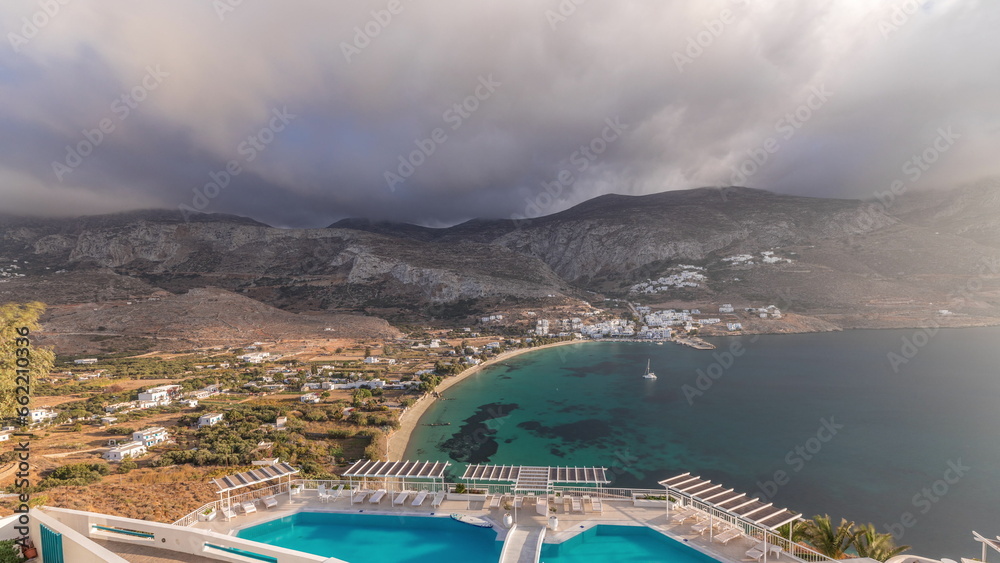 Obraz premium Panorama showing Amorgos island aerial timelapse from above. Greece
