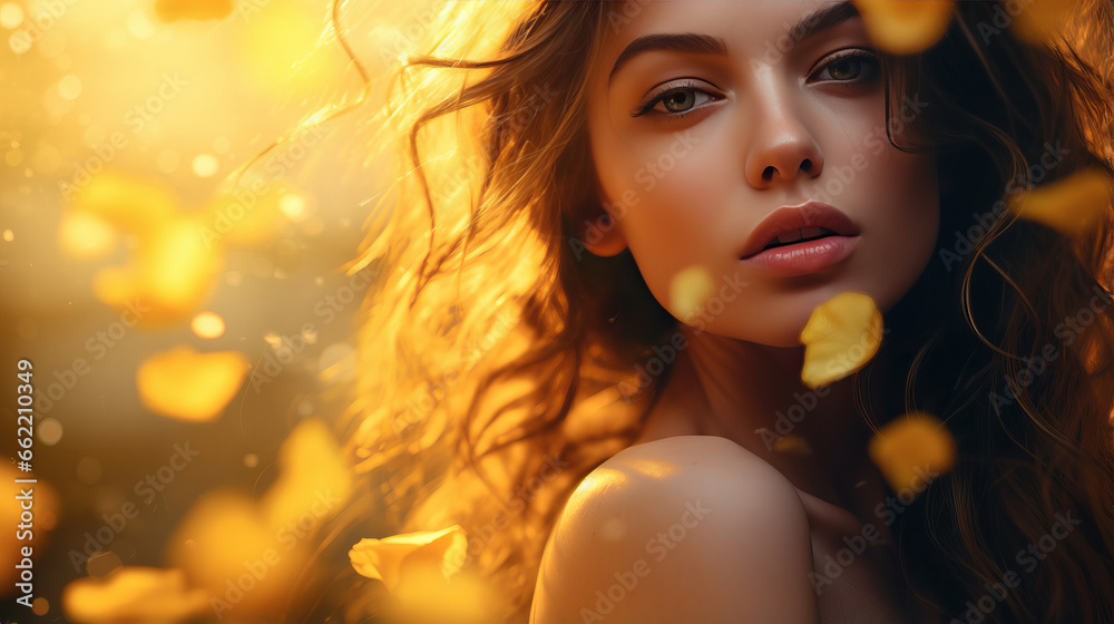 Yellow petals delicately cascade onto young girl face in close up portrait embodies essence of youth femininity and tenderness, ephemeral nature of youth and timeless allure of feminine grace Yellow petals delicately cascade onto young girl face in close up portrait embodies essence of youth femininity and tenderness, ephemeral nature of youth and timeless allure of feminine grace