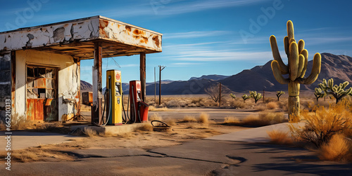 Fotografia Abandoned gas station in desert landscape