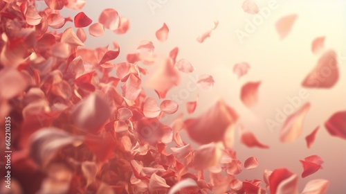 Red rose petals gently falling in soft sunlight, fragile feminine background evoke sense of delicate beauty, symbolizing fleeting nature of time and enduring grace of femininity, copy space photo