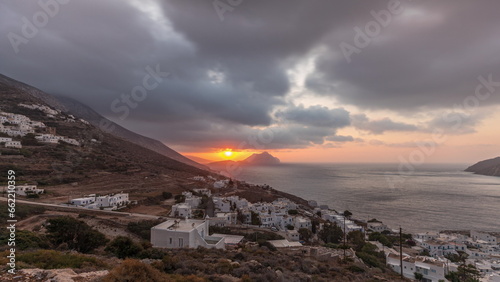 Panorama showing sunset on Amorgos island aerial timelapse from above. Greece