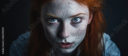 Halloween makeup on a scary girl with ginger hair and a cut mouth staring at the camera with blue eyes With copyspace for text © 2rogan