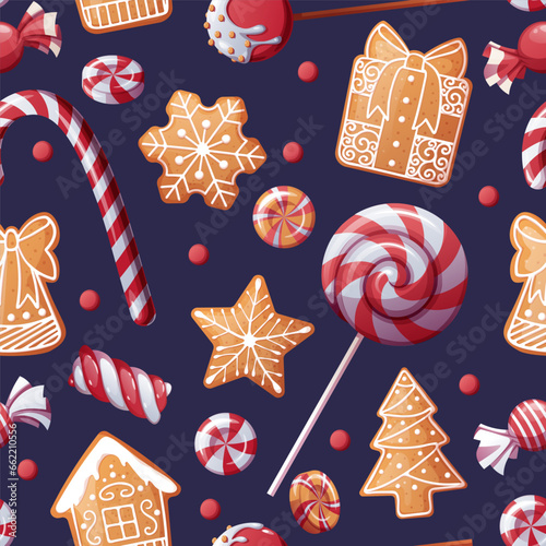Seamless pattern with lollipops, candies and gingerbread cookies. Suitable for fabric, wrapping paper, wallpaper, background, textile, etc.