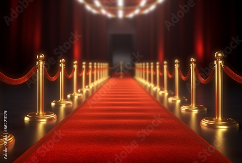 Red Carpet hallway with barriers and red ropes for Cinema and Fashion awards, a ceremony for celebrities persons. Generative AI