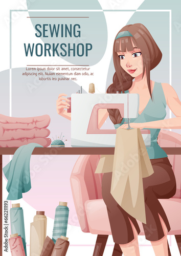 Flyer design with seamstress. Banner poster with a girl creating clothes on a sewing machine. Work in a sewing workshop, atelier, tailoring courses.