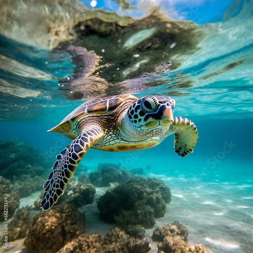 green turtle swimming in sea © Sergei