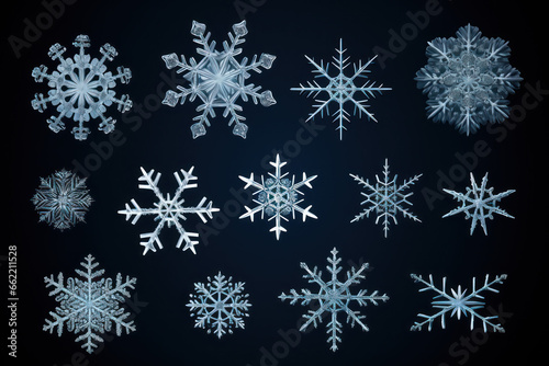 set of snowflakes on black background