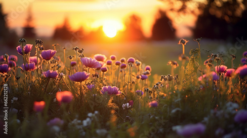 Sunset background of meadows flowers. Nature background. Flower background. Generative AI