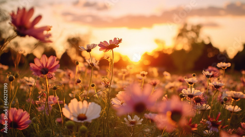 Sunset background of meadows,flowers. Nature background. Flower background. Generative AI © BoszyArtis