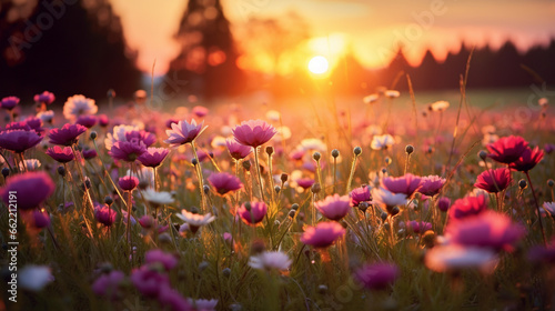 Sunset background of meadows,flowers. Nature background. Flower background. Generative AI © BoszyArtis