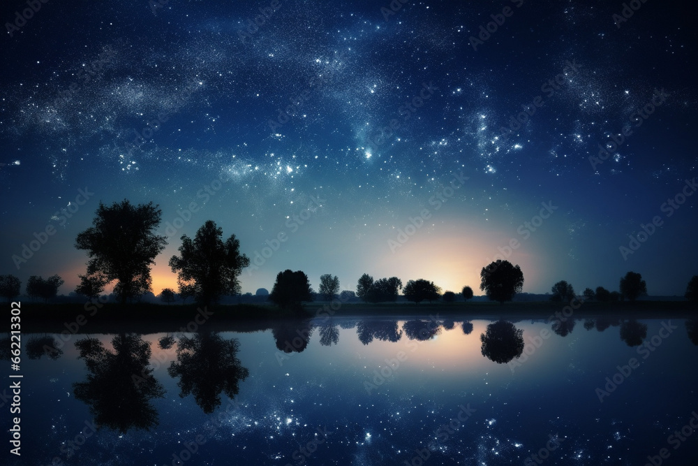 Beautiful night sky over the lake generative AI