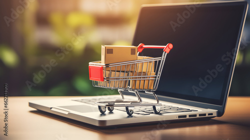 Online Shopping Concept Digital Marketplace: Embracing Convenience with Online Shopping Cart and Laptop shopping cart on a laptop