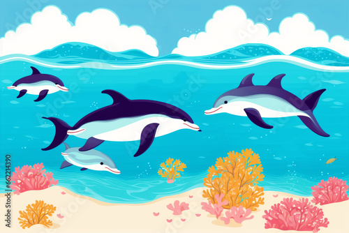 Summer vacation concept. Dolphin Serenade. A Captivating Encounter by the Coastal Haven. Generative AI