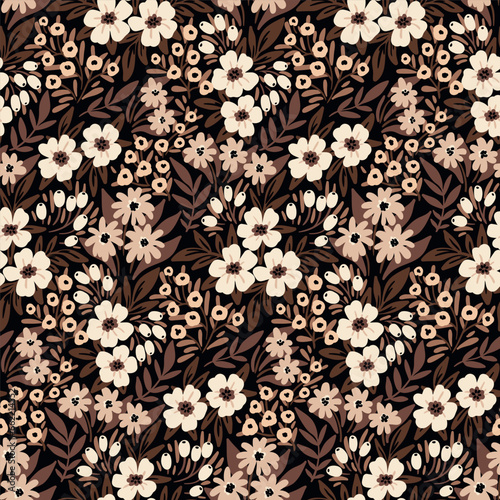 Seamless floral pattern, liberty ditsy print with autumn wild meadow, field. Cute botanical design: simple hand drawn plants, small flowers, tiny leaves, herbs on a dark brown background. Vector.