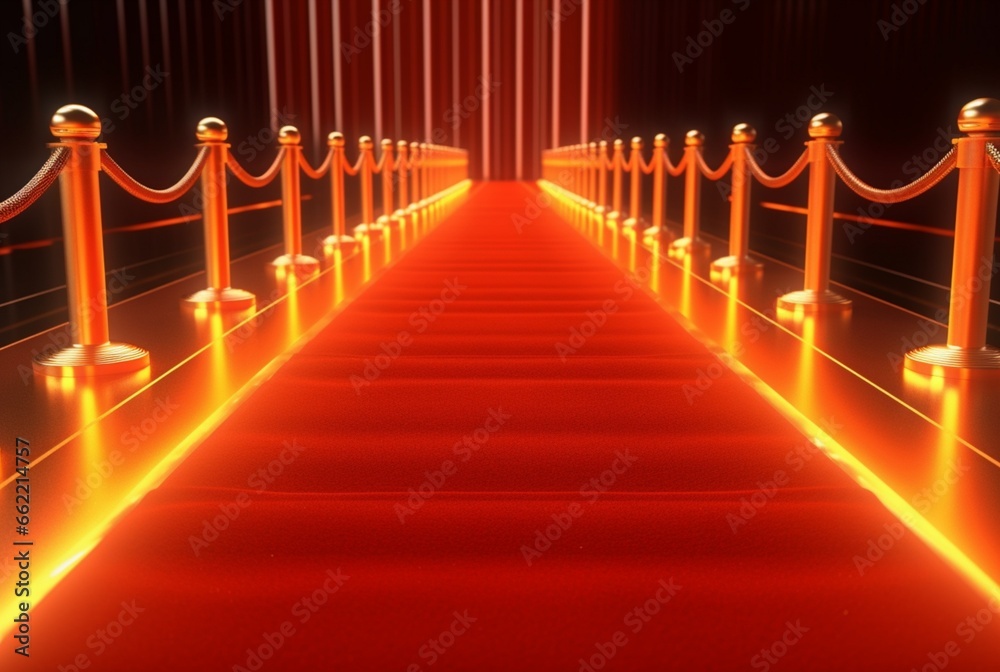 Red Carpet hallway with barriers and red ropes for Cinema and Fashion awards, a ceremony for celebrities persons. Generative AI Red Carpet hallway with barriers and red ropes for Cinema and Fashion awards, a ceremony for celebrities persons. Generative AI