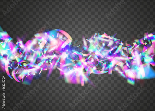 Birthday Glare. Shiny Multicolor Gradient. Transparent Effect. Disco Banner. Violet Metal Background. Kaleidoscope Texture. Surreal Foil. Flying Art. Purple Birthday Glare