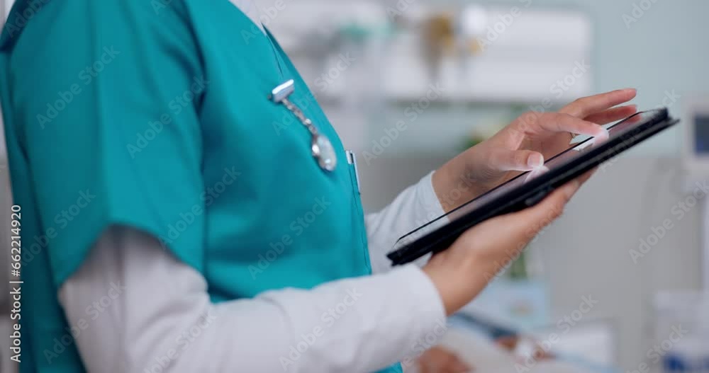 Person, hands and doctor with tablet in research, communication or social media at hospital. Closeup of nurse, medicine or medical professional working on technology for online search at clinic Person, hands and doctor with tablet in research, communication or social media at hospital. Closeup of nurse, medicine or medical professional working on technology for online search at clinic